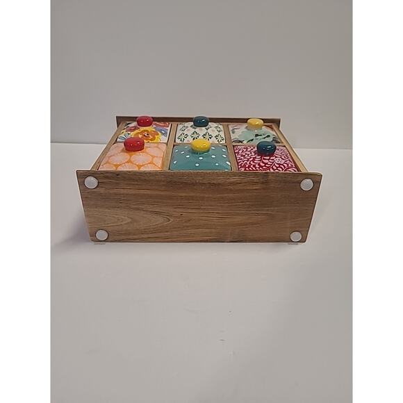 Pioneer Woman Ceramic Floral 6-Drawer Spice Tea Box Holder -Natural Wood - Picture 9 of 12